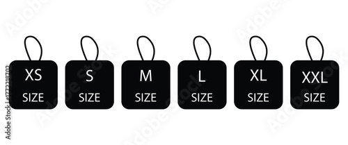 Clothing size labels set: XS, S, M, L, XL, XXL. Vector Web