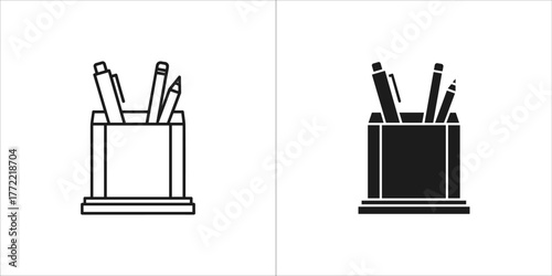 Pen holder icon set office supplies in a container