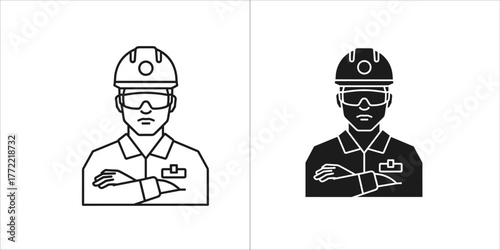 Two icons of a construction worker, one outlined and one solid black