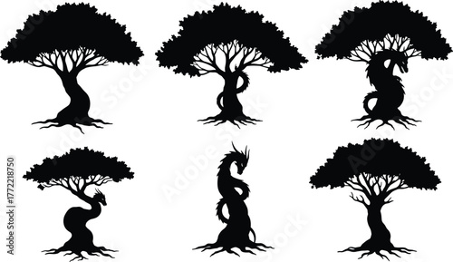 Dragon tree silhouettes with roots, fantasy nature illustration, mythical forest art, enchanted design, eco concept, magical wildlife background, mystical creature vector