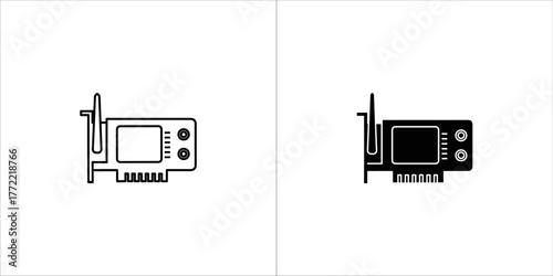Two icons of a computer graphics card, one outlined and one solid black