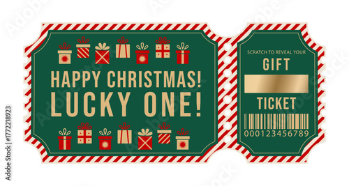 Christmas gift voucher template. Lucky one ticket. Layout includes scratch to reveal your gift and number. Holiday ticket for gifting, promotions and commerce during holiday season.