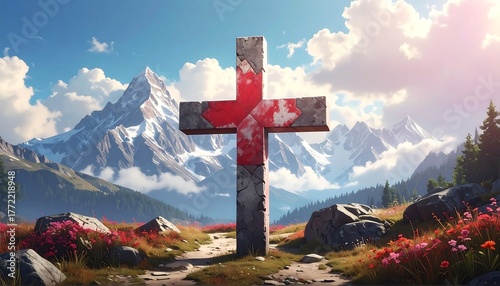 Large red cross on a mountain path before snow-capped peaks