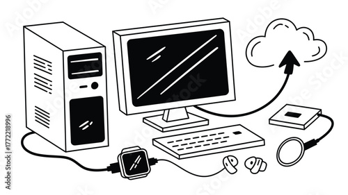 Modern tech setup featuring computer, keyboard, smartwatch, earbuds, and cloud data transfer for seamless connectivity and digital innovation.