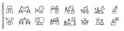 Office Desk Setup and Productivity Outline Icons Set – Workstation, Focus, Computer, Office Lighting, Desk Organization, Workplace Safety, Motivation, Stress Management, Efficient Work