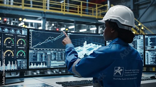 Engineer monitoring factory data analytics on screens in industrial control room center
