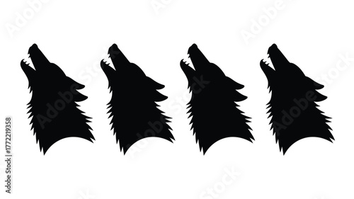 Dynamic pack of four black wolf silhouettes howling powerfully against a stark white background, symbolizing unity and wild spirit.