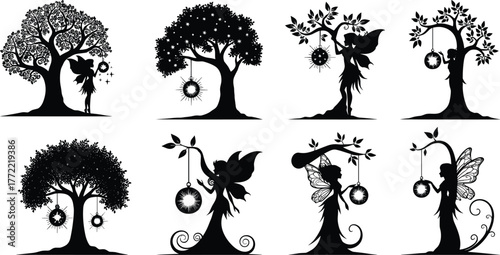 Fairy silhouette collection, magical tree designs, fantasy art illustration, enchanted nature scene, mystical ornament hanging, whimsical woodland decoration, fairy tale concept