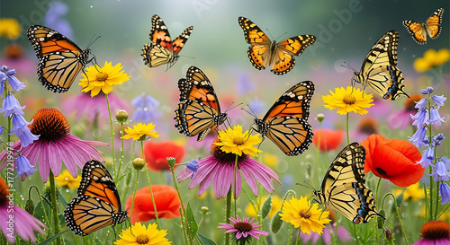 Fototapeta Naklejka Na Ścianę i Meble -  Butterflies dancing among colorful wildflowers in a meadow