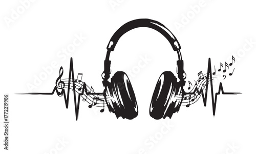 Headphones sound wave heartbeat music