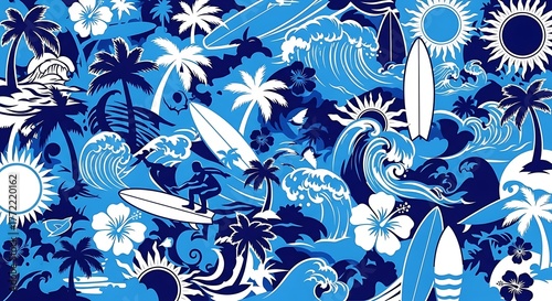 Fototapeta Naklejka Na Ścianę i Meble -  Tropical paradise pattern with surfing waves palm trees and sun
