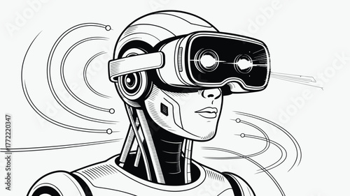 Futuristic android embraces virtual reality, exploring digital realms with advanced VR headset, symbolizing innovation and the metaverse.