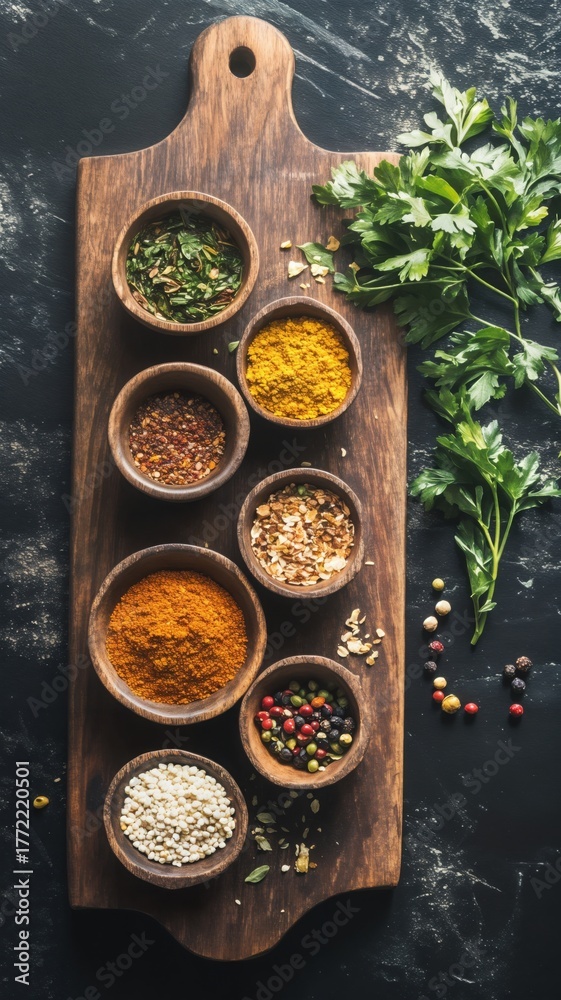 Fototapeta premium A Rustic Wooden Cutting Board Showcases a Collection of Colorful Spices and Herbs, Ready for Culinary Creations