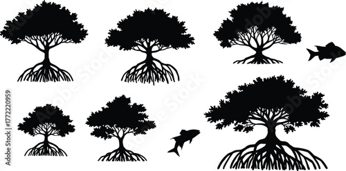 Mangrove tree silhouettes with roots, fish swimming illustration, coastal ecosystem design, tropical marine art, ocean environment conservation, nature background concept