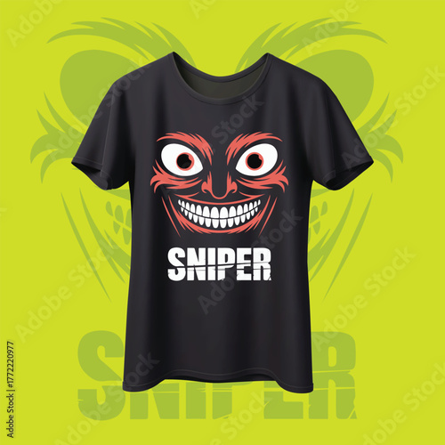 A black t-shirt features a monstrous, grinning face with wide eyes and the word SNIPER below it. The background is a bright green.
