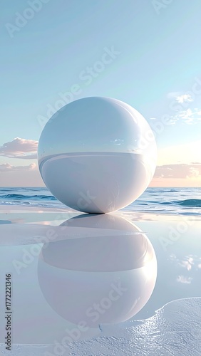 Large, reflective sphere half submerged at water's edge, blue sky