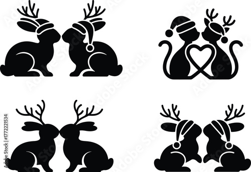 Holiday Animal Couples with Antlers 4 Silhouettes for Valentine’s, Christmas & Pet Lover Gifts.