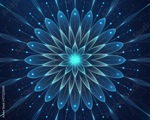 Tech flower concept, blue neon petal, digital bloom, futuristic design, vector illustration, sci-fi decor, innovation element, artistic pattern, modern technology, visual art.