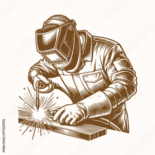 Welder at Work, Vintage Engraved Vector Illustration