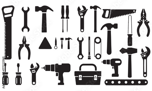 Hand Tool Icon Set – Construction, Repair, and Mechanic Equipment Vector Collection .