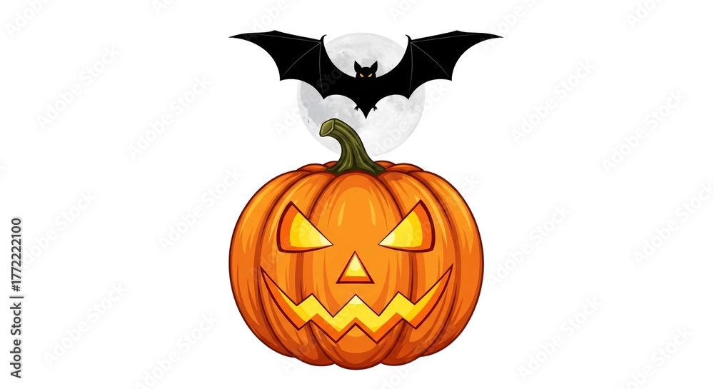 Fototapeta premium Spooky Halloween pumpkin with glowing eyes grins under a full moon with a black bat flying above, perfect for festive decorations.