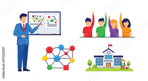 Teacher presenting a lesson with students and school building illustration