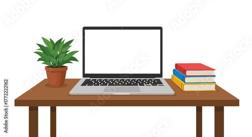 A laptop books and a plant arranged on a wooden desk surface