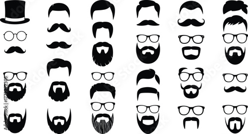 Black and white hipster hairstyle beard and mustache icon set, modern male fashion silhouettes collection for barbershop and design illustration