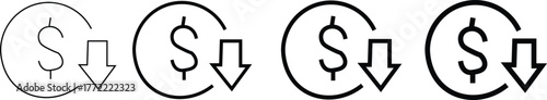 Four dollar sign icons with downward pointing arrows