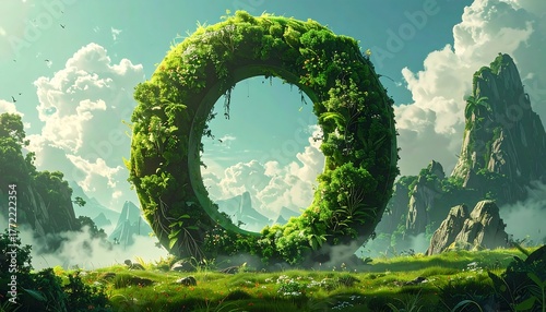 Large, ring-shaped object made of plants amidst a scenic, hilly landscape