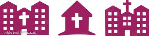 Three stylized buildings with crosses in purple architecture