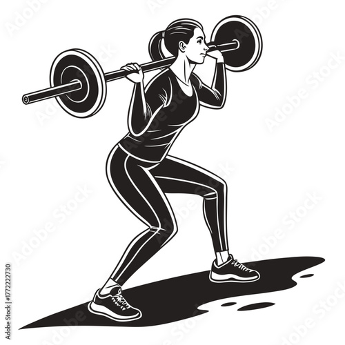 A focused athletic woman with her hair in a ponytail performs a barbell back squat exercise in a gym setting demonstrating strength and determination during her workout