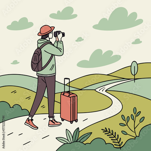 A lone traveler with a backpack and suitcase walks along a winding road through rolling green hills looking through binoculars at the scenic landscape under a cloudy sky