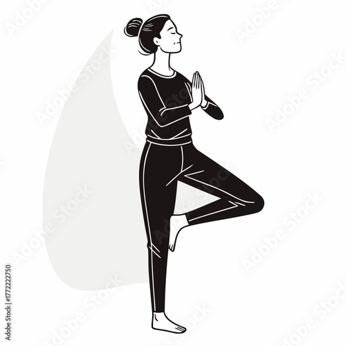 A minimalist black and white illustration of a woman in yoga tree pose with her hands pressed together in prayer position and eyes closed in meditation