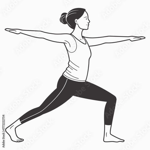A minimalist black and white illustration of a woman in a yoga pose specifically warrior ii demonstrating strength and balance with arms extended and legs apart