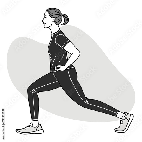 A monochrome illustration of a woman performing a lunge exercise with her hands on her hips demonstrating a fitness routine for strength and flexibility