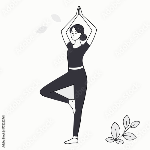 A minimalist line art illustration of a woman performing the vrksasana or tree pose in yoga with her hands pressed together above her head in a serene and balanced stance