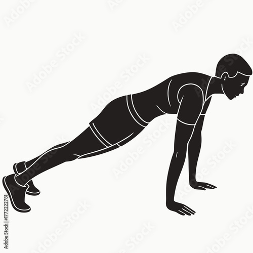 A silhouette of a person performing a push up exercise in a plank position demonstrating strength and fitness training on a white background