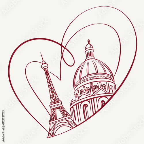 A romantic heart outline embraces the iconic eiffel tower and a classical parisian dome representing the love for the beautiful city of paris france