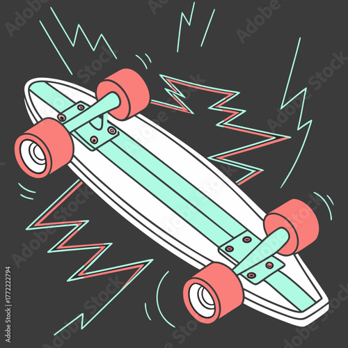 A stylized illustration of a longboard skateboard with coral pink wheels and a teal deck stripe set against a dark gray background with abstract lightning bolt graphics in coral pink and teal