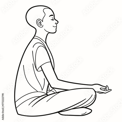 A serene bald person sits in a meditative pose with eyes closed and a peaceful smile practicing mindfulness and inner calm