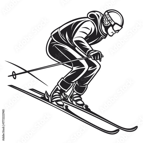 Dynamic black and white illustration of a skier in full gear leaning forward and carving down a snowy slope with ski poles extended capturing the thrill of downhill skiing