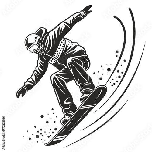 Dynamic black and white illustration of a snowboarder in mid air performing a trick with snow spray and speed lines