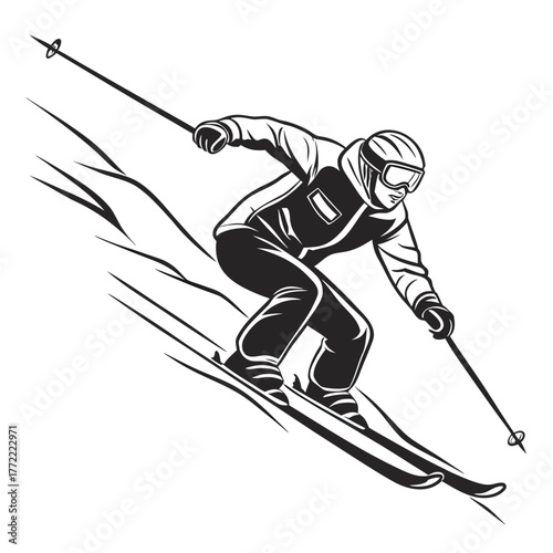Dynamic black and white illustration of a skier in action carving down a snowy slope with ski poles extended embodying speed and winter sport