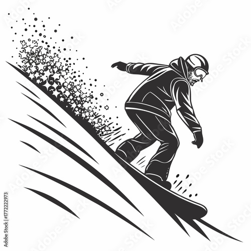 Dynamic black and white illustration of a snowboarder carving down a snowy slope kicking up snow and debris with speed and agility capturing the thrill of winter sports and extreme adventure
