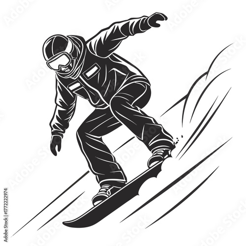Dynamic black and white illustration of a snowboarder carving down a snowy slope with speed lines emphasizing motion and action