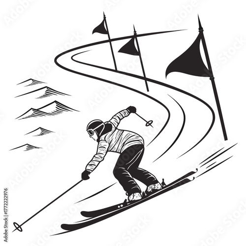 Dynamic black and white illustration of a skier gracefully navigating a slalom course marked by flags on a snowy mountain slope with stylized peaks in the background