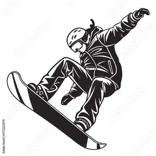 Dynamic black and white illustration of a snowboarder performing an aerial trick captured mid air with a sense of speed and extreme sport action