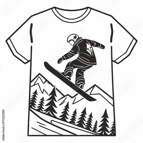 Dynamic black and white t shirt design featuring a snowboarder mid air against a mountain and forest landscape
