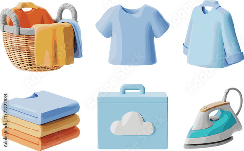 Cartoon style laundry and ironing equipment illustration with washing machine, clothes basket, folded clothes, clean garments, and household cleaning tools